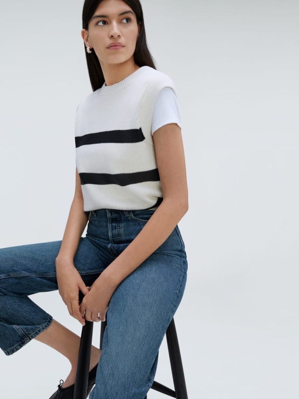 Everlane THE COTTON SUMMER SWEATER TANK Size M Black striped - Picture 1 of 11